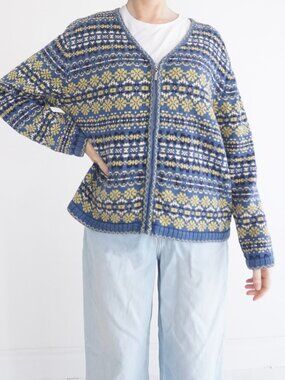 Vintage Christopher Banks Blue Nordic Snowflake Fair Isle Zip Cotton Cardigan XL